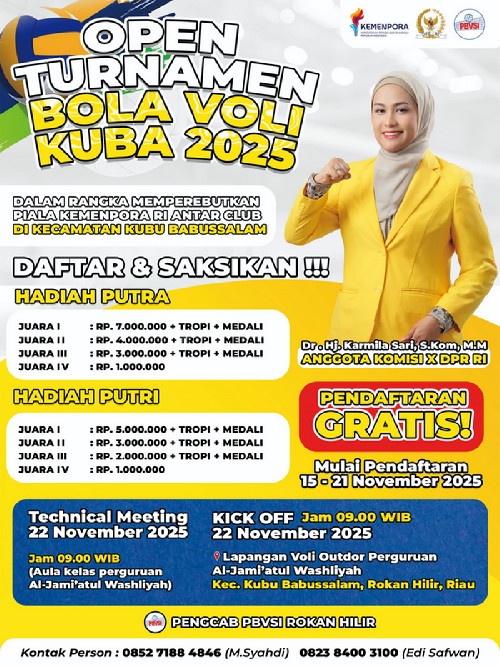 Anggota DPRD RI Karmila Sari akan Hadiri Kick Off Open Turnamen Bola Voli Kuba 2025 di Kubu Rohil