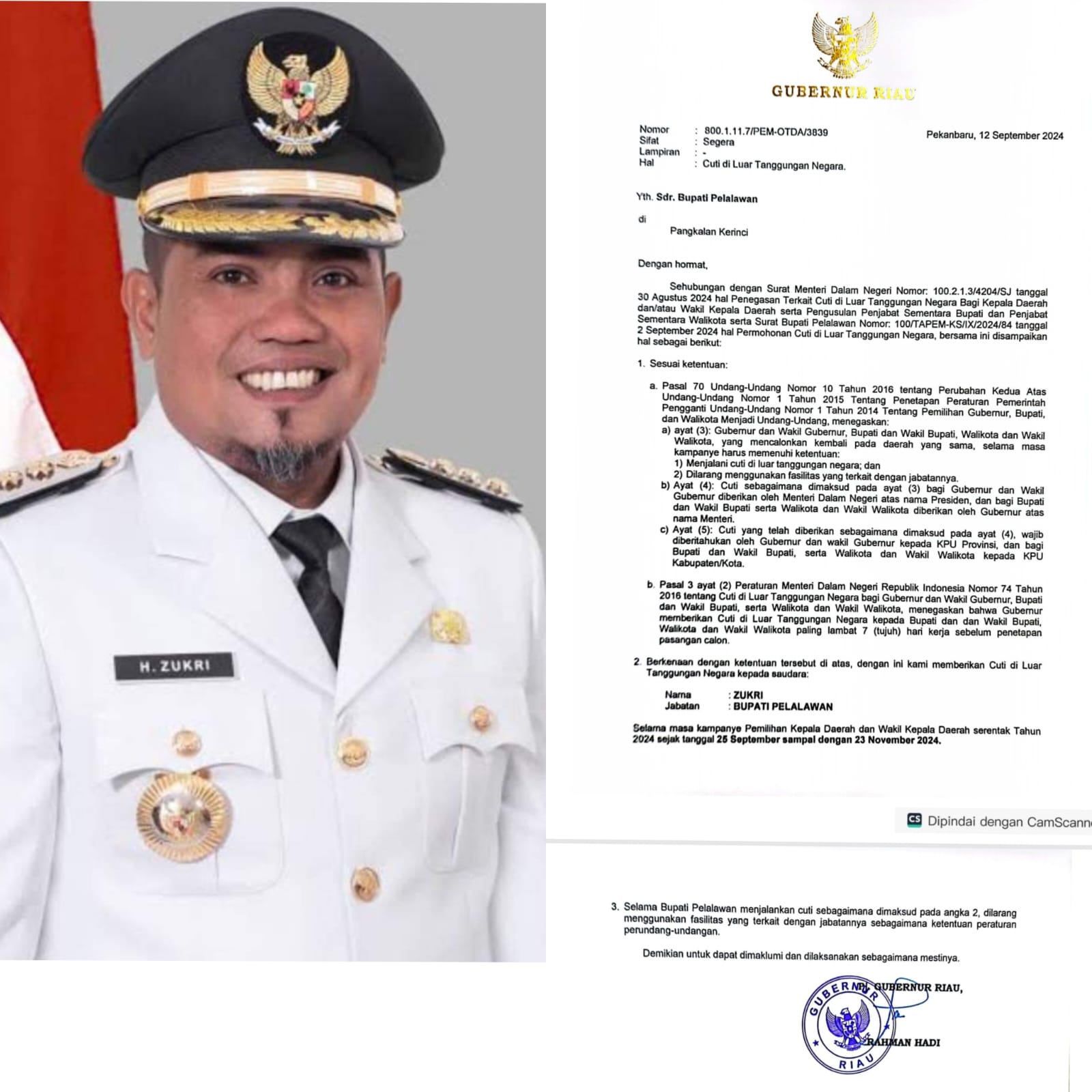 Bupati dan Wakil Bupati Pelalawan Akan Cuti Kampanye Pilkada 2024