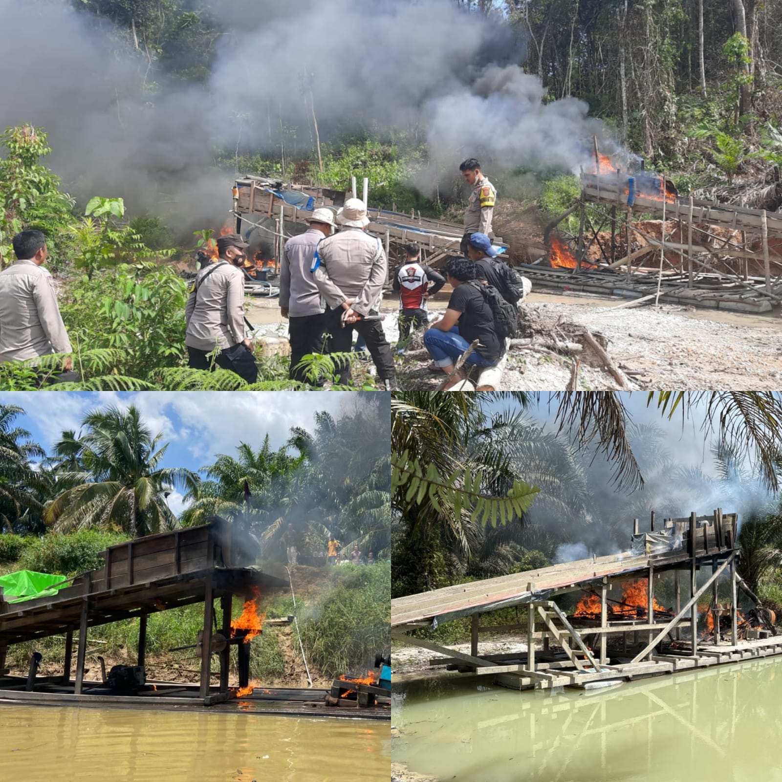 Polres Inhu Musnahkan 10 Rakit PETI, Warga Sambut Baik Sungai Kembali Lestari