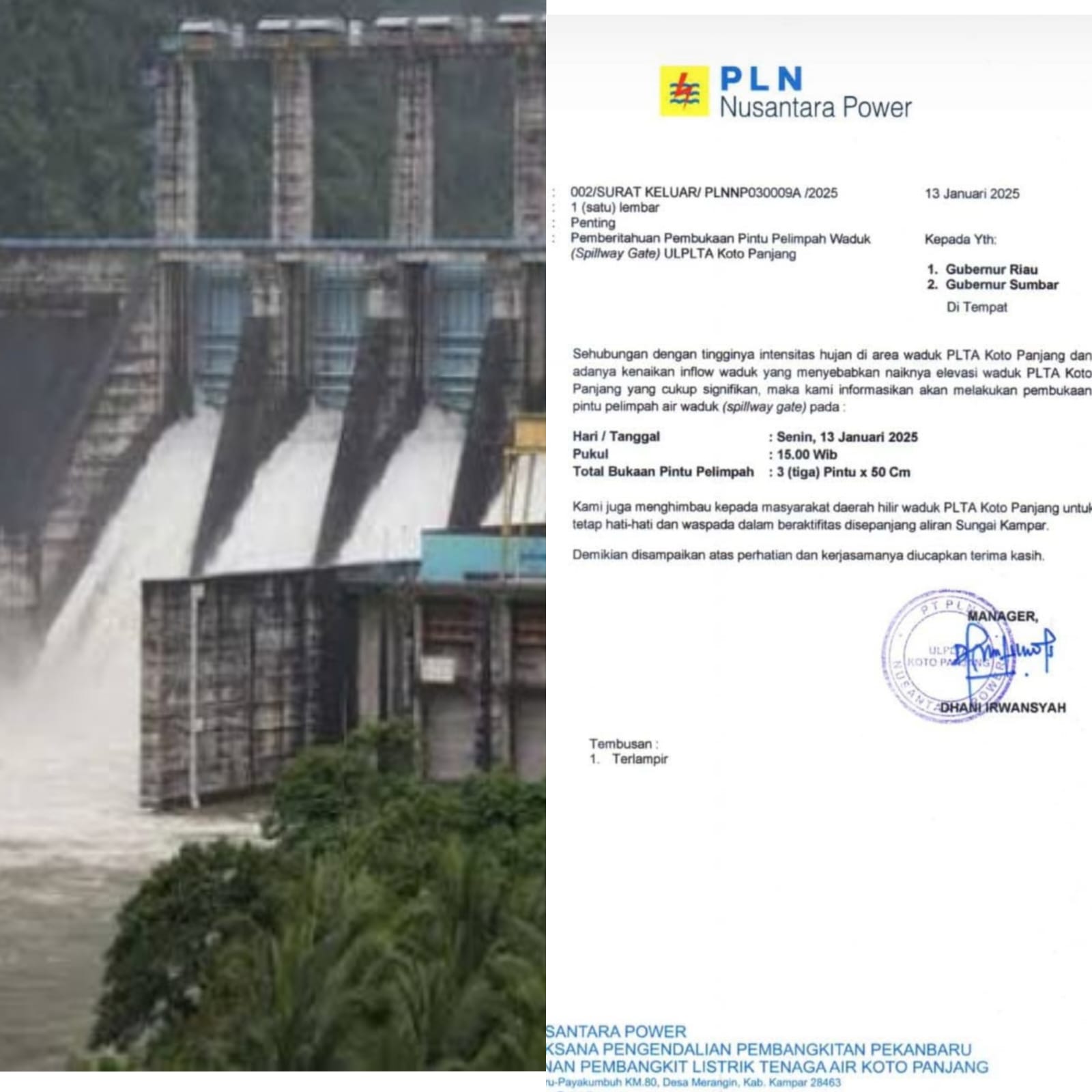 PLTA Koto Panjang Buka 3 Pintu Pelimpahan