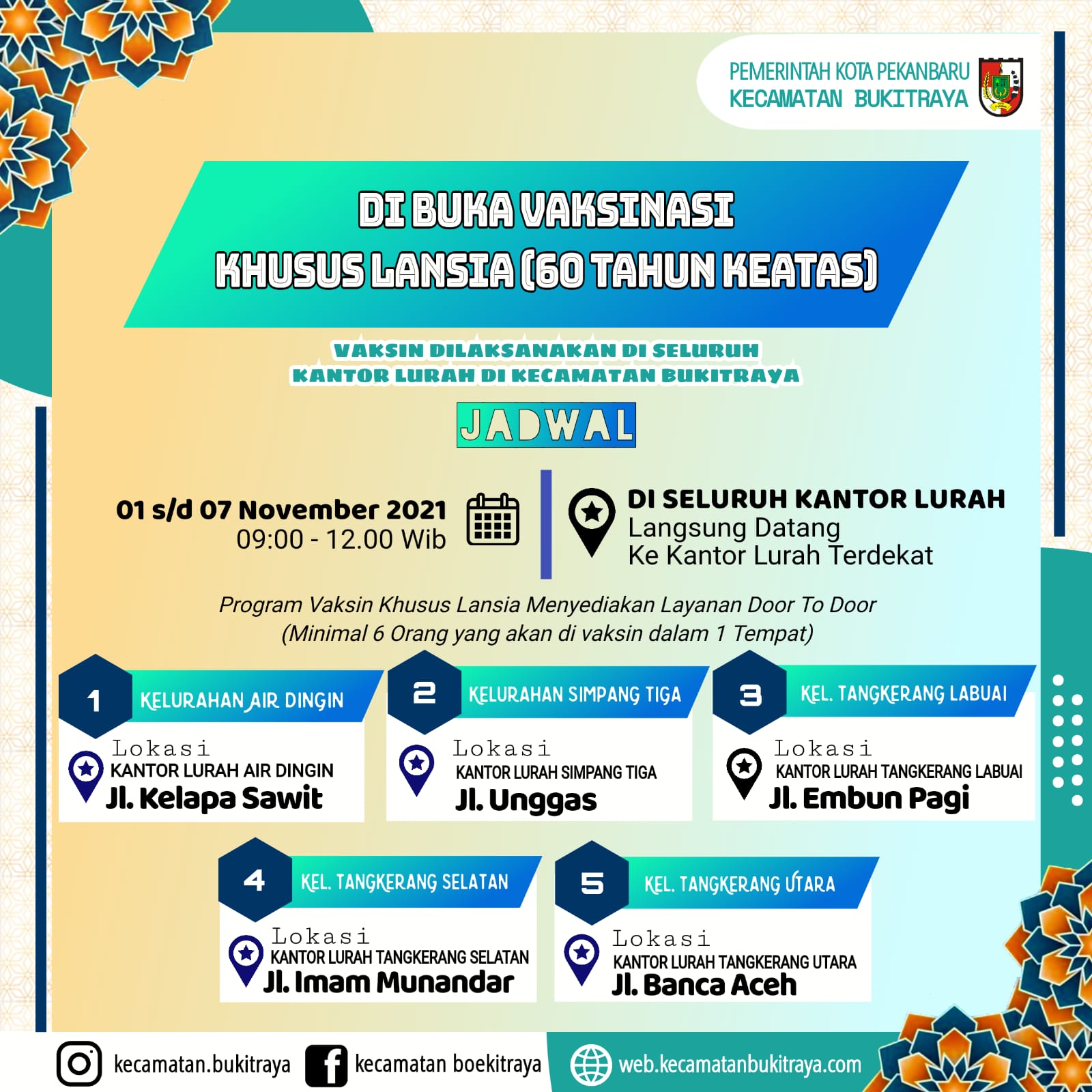 Kecamatan Bukit Raya Buka Layanan Vaksinasi Lansia