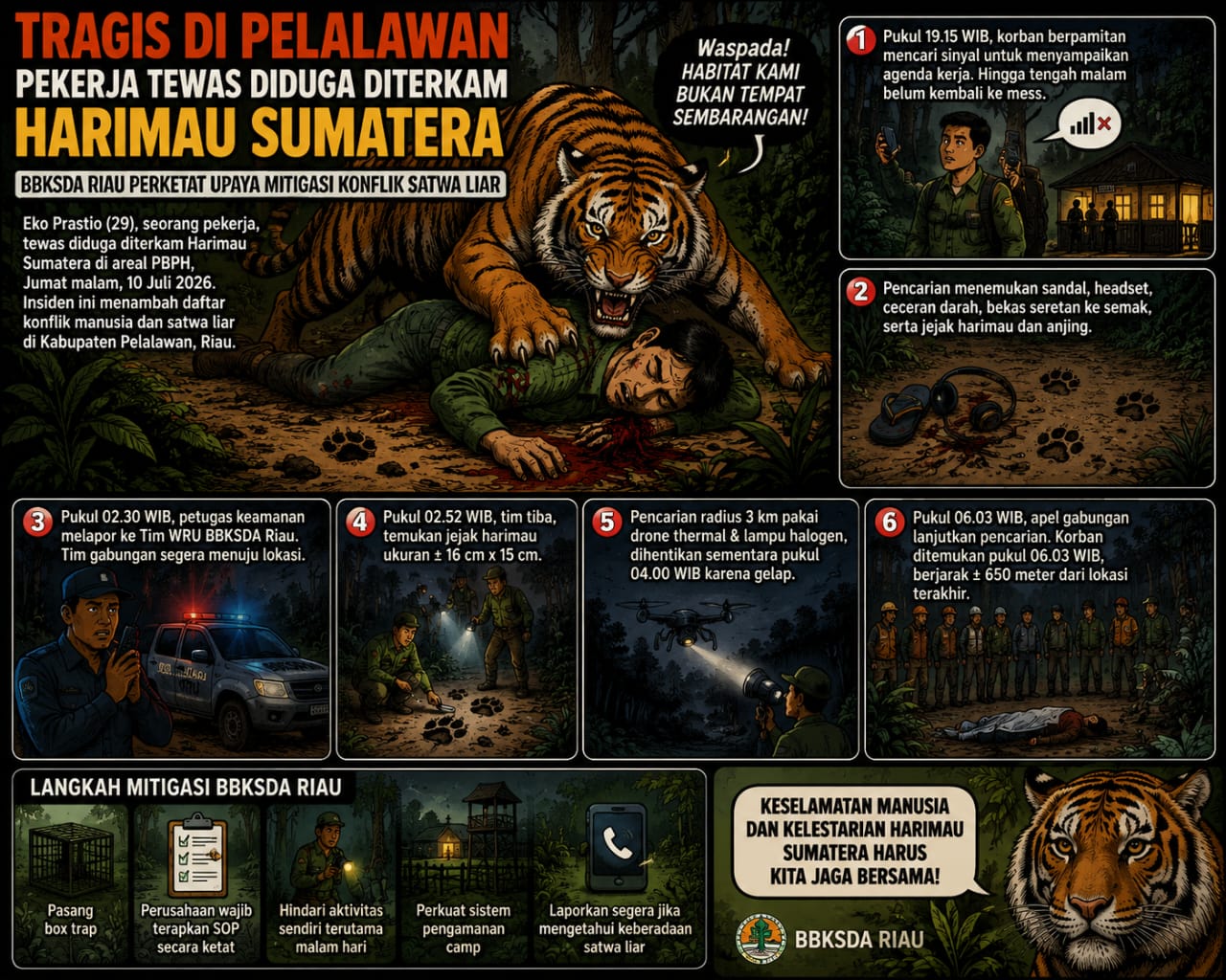 Tragis di Pelalawan, Pekerja Tewas Diduga Diterkam Harimau Sumatera, BBKSDA Riau Perketat Upaya Mitigasi Konflik Satwa Liar