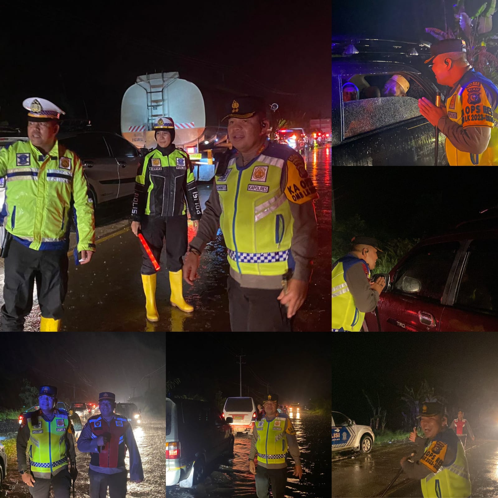 Basah Kuyup Kapolres Pelalawan Bersama Personil Tetap Semangat Harmoni Ngatur Lalin Di Titik Banjir KM 83