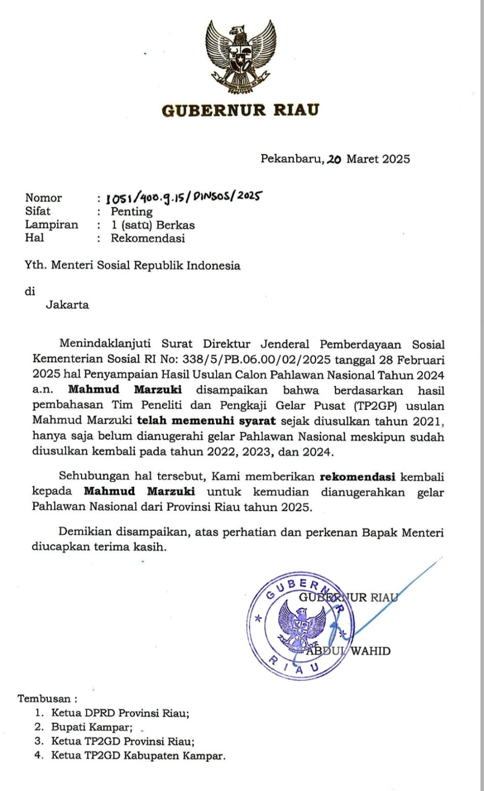 Gubernur Riau Kembali Rekomendasikan Mahmud Marzuki sebagai Pahlawan Nasional