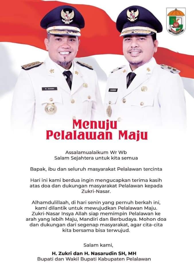 Pidato Perdana Bupati Zukri Setelah Dilantik, Siap dan Yakin Majukan Pelalawan