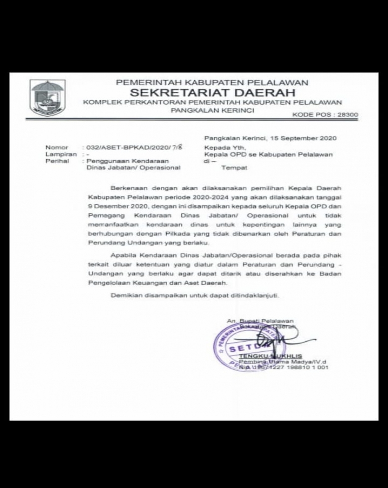 Pemkab  Larang Mobil Dinas  Untuk Kepentingan  Paslon
